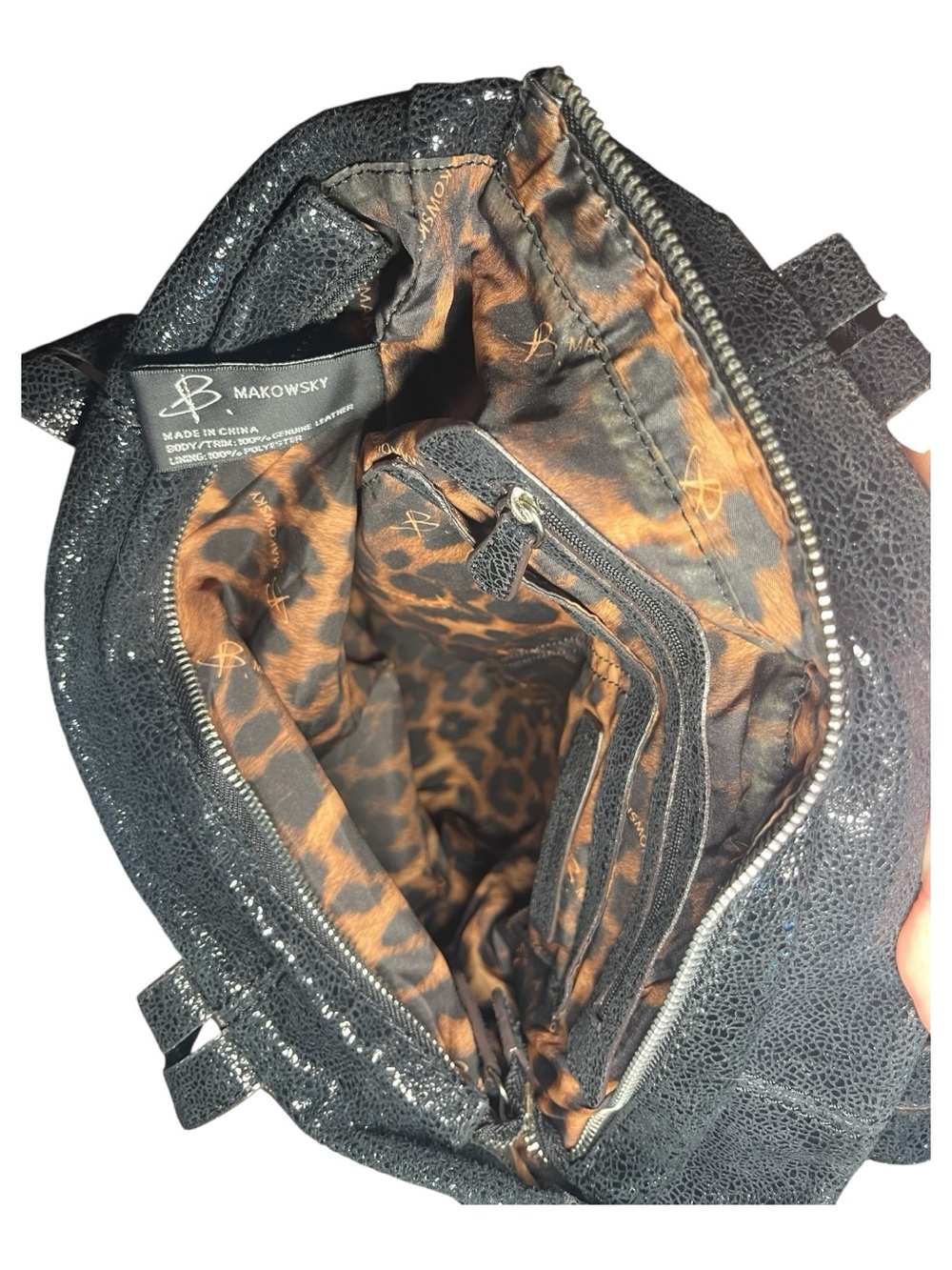 B. Makowsky Black Crackle Shimmer Genuine Leather Hobo Shoulder Bag | Y2K - Picture 6 of 8